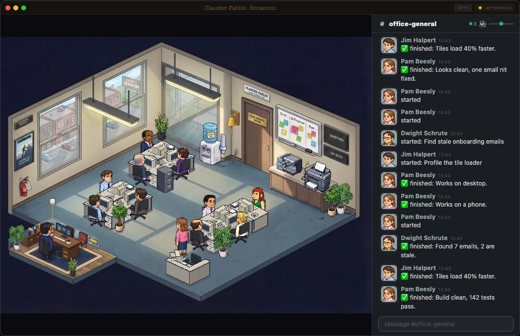 The office: pixel-art people at desks, one per Claude Code session.